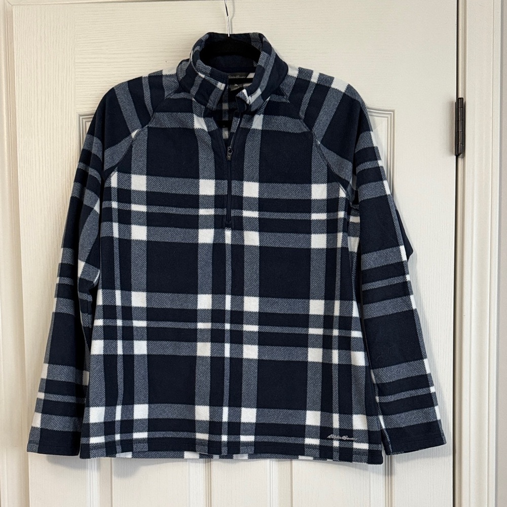 Eddie Bauer Navy and White Plaid Fleece